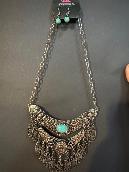paparazzi Jewelry - Paparazzi Silver-Tone Turquoise Boho Filigree Bib Necklace Set